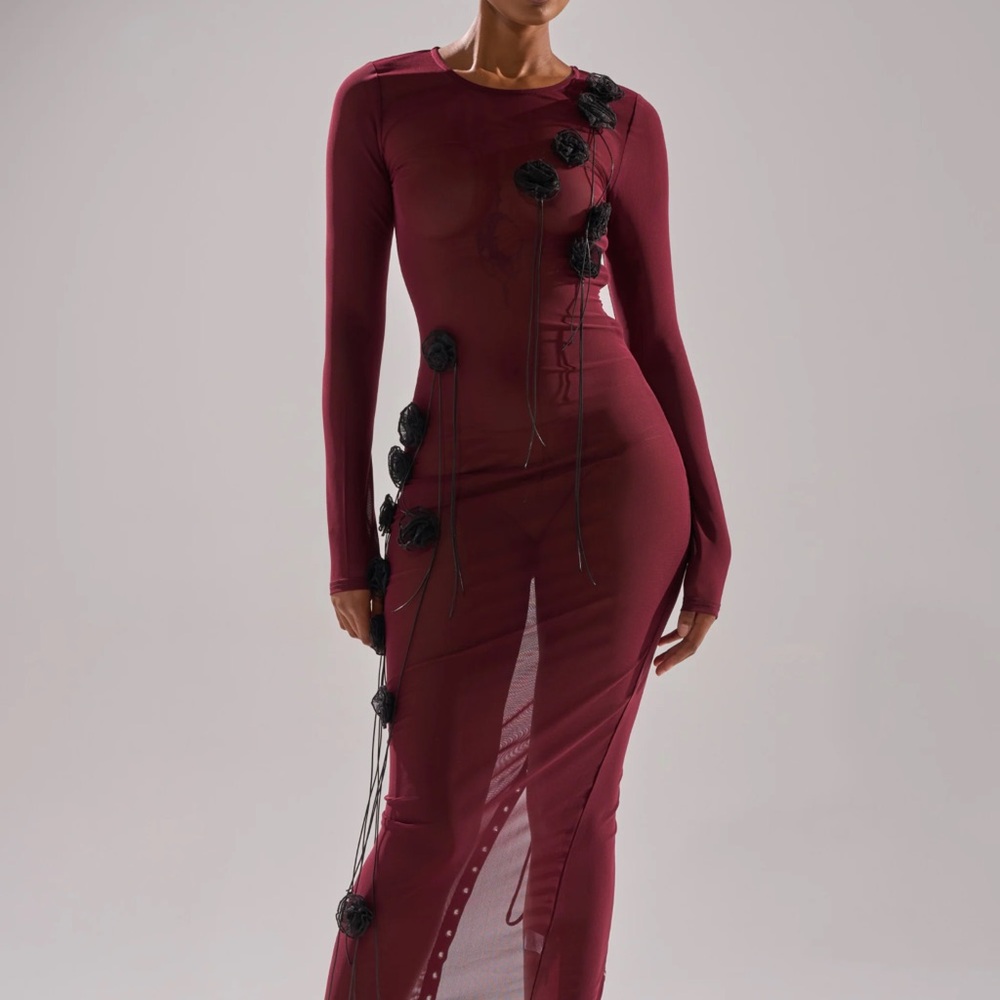 AKIRA Burgundy Long Sleeve Sheer Floral-Appliqué Maxi Dress